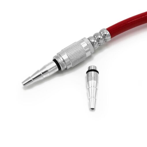 A metal quick-connect air hose fitting attached to a red hose with a Prestacycle Prestaflator Digital Bicycle Tire Inflator – Presta & Schrader Air Compressor Tool and matching connector beside it, all on a white background.