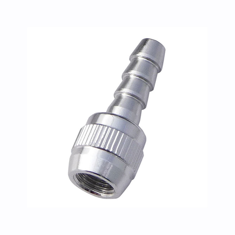 A close-up of the Prestacycle Schrader Hose Barb, a metal connector with a threaded end and ribbed design, ideal for attaching flexible tubing to a floor pump or use with Prestacycle Prestaflator heads.