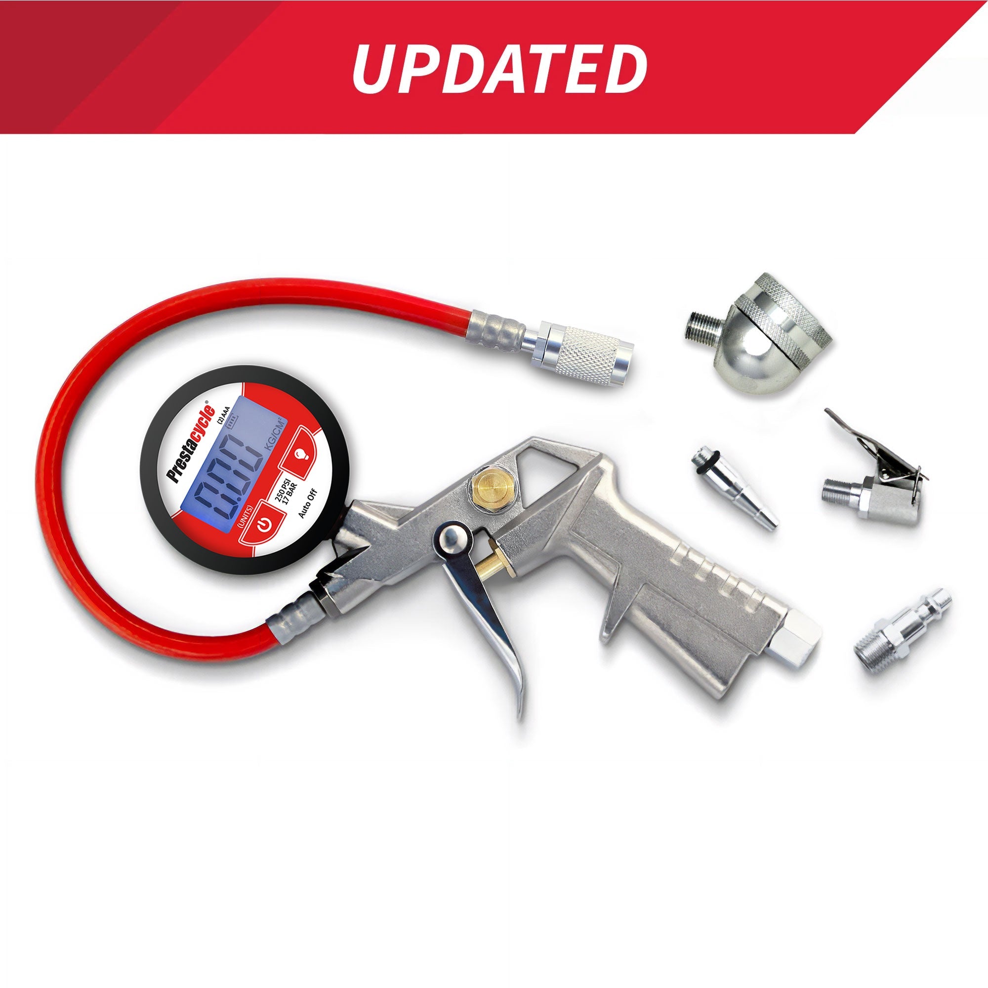 The Prestacycle Prestaflator Digital Bicycle Tire Inflator—suitable for Presta & Schrader valves—features a red hose, display screen, multiple metal nozzles/attachments, and a tubeless-safe rapid response digital gauge on a white background with UPDATED banner.