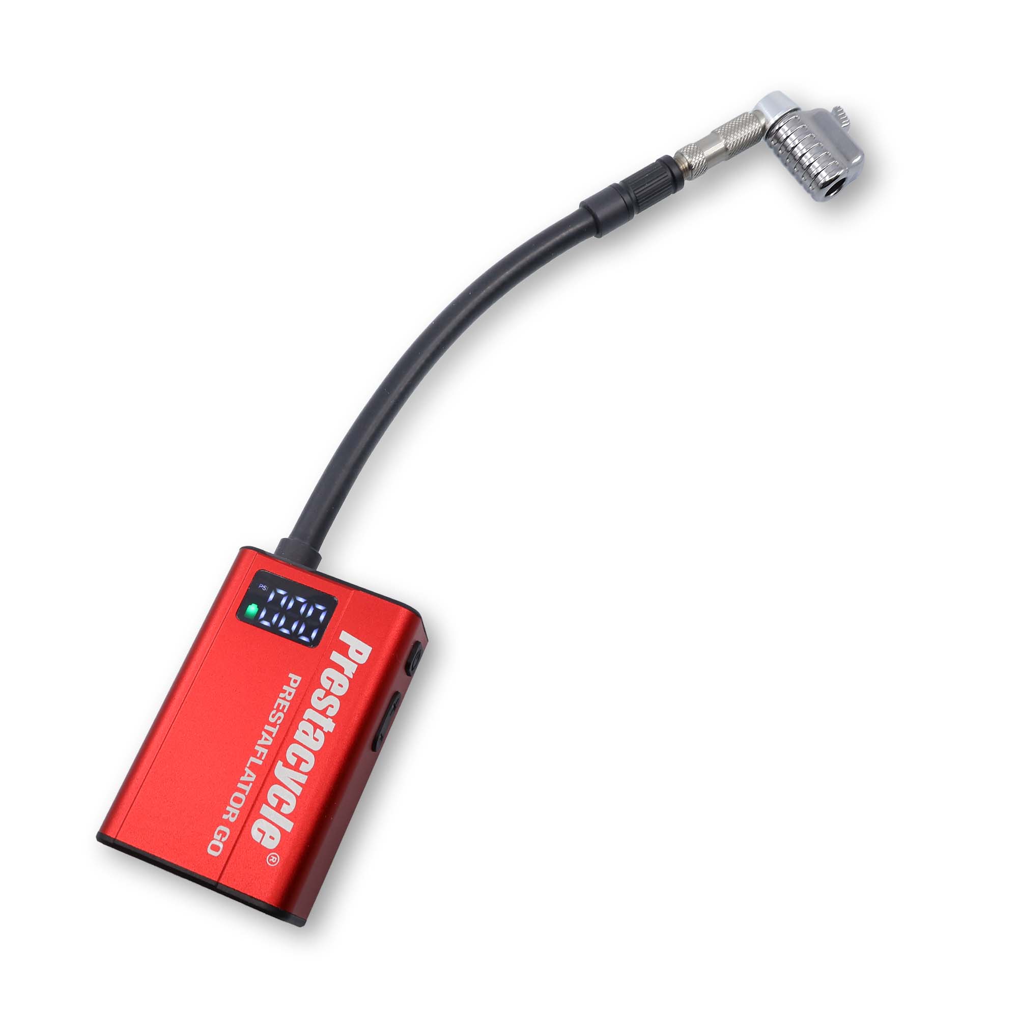 A Prestacycle Prestaflator GO Hose features a small digital display, flexible hose, and metallic sensor at the end for carbon monoxide detection. Color: red.