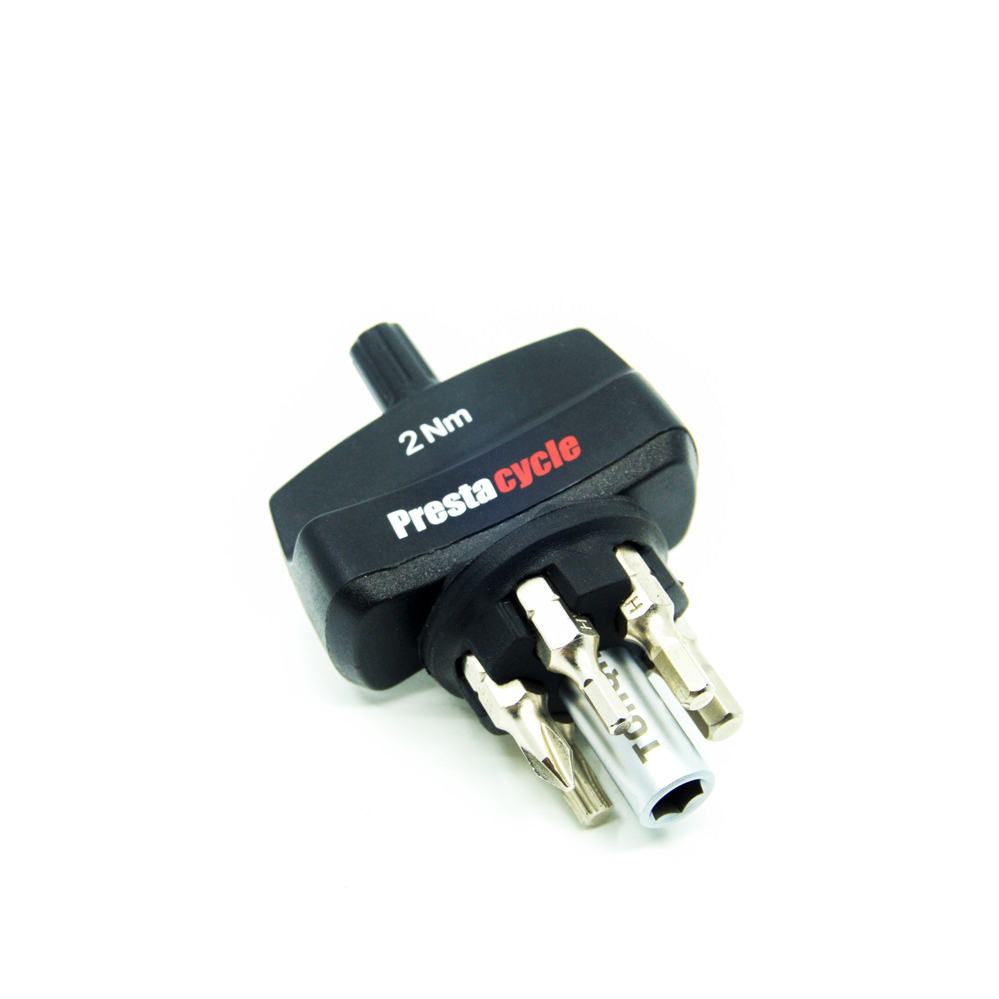 The Prestacycle Mini TorqKeys 2Nm Preset Torque Tool is shown with 6 interchangeable bits and a holder on a white background, featuring an industrial-grade internal spring for durable, maintenance-free performance.