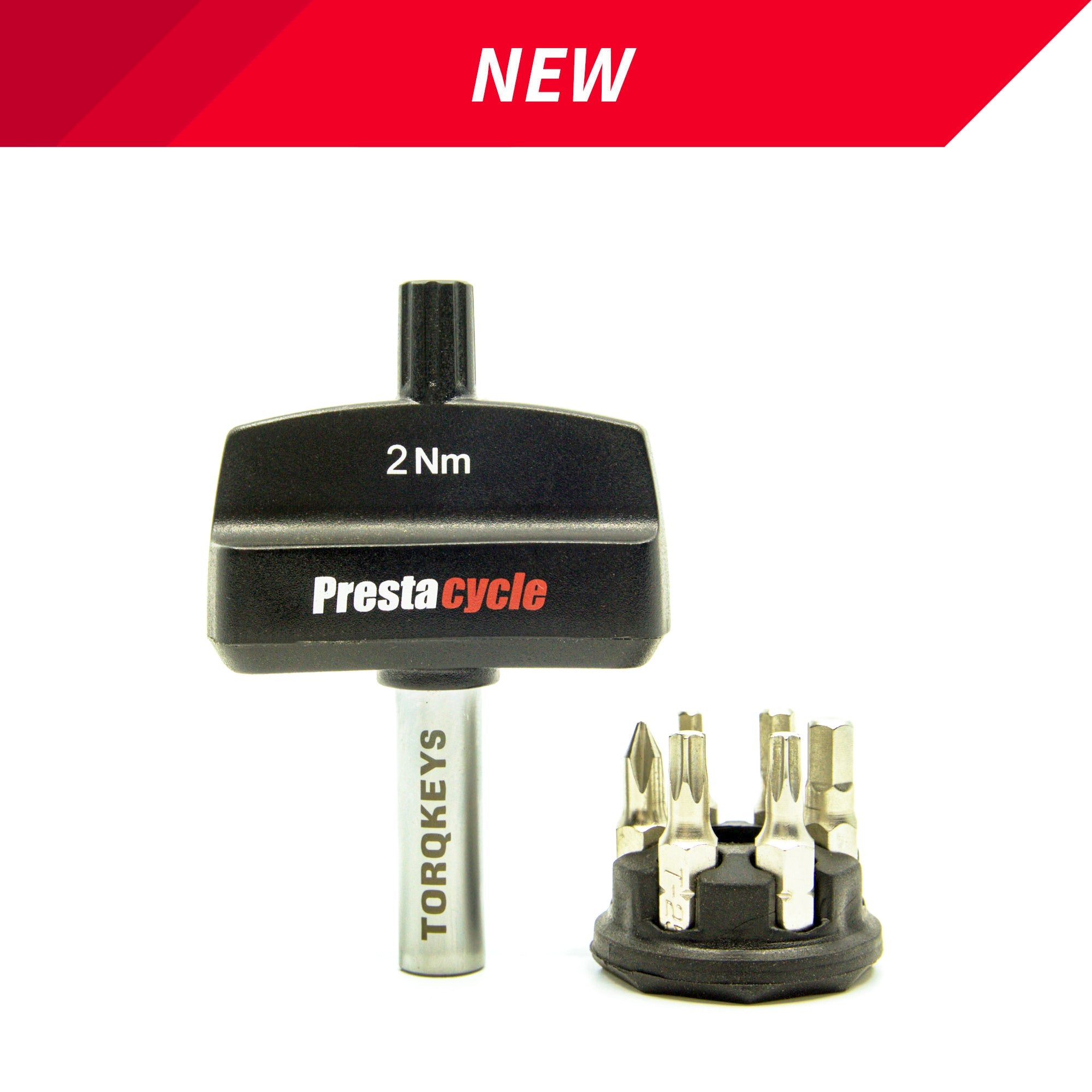 A Prestacycle Mini TorqKeys 2Nm preset torque tool with six interchangeable bits and holder is displayed on a white background, featuring an industrial-grade internal spring. A red "NEW" banner highlights its maintenance-free design.