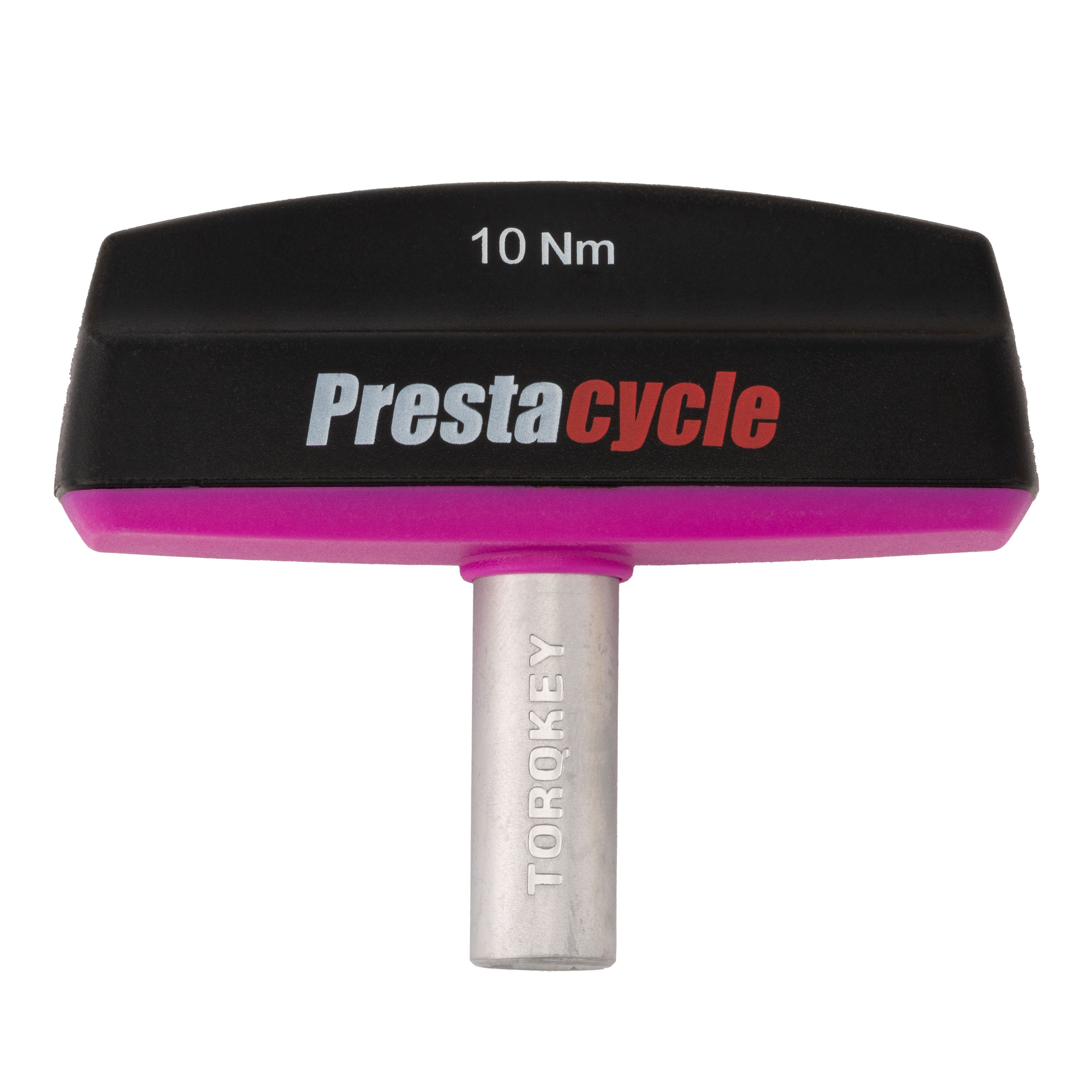 The Prestacycle Pro TorqKeys - 10Nm T-Handle Torque-Limiting Bits Tool is a maintenance-free, ergonomic black and pink torque tool with a metal shaft for adjusting bicycle components.