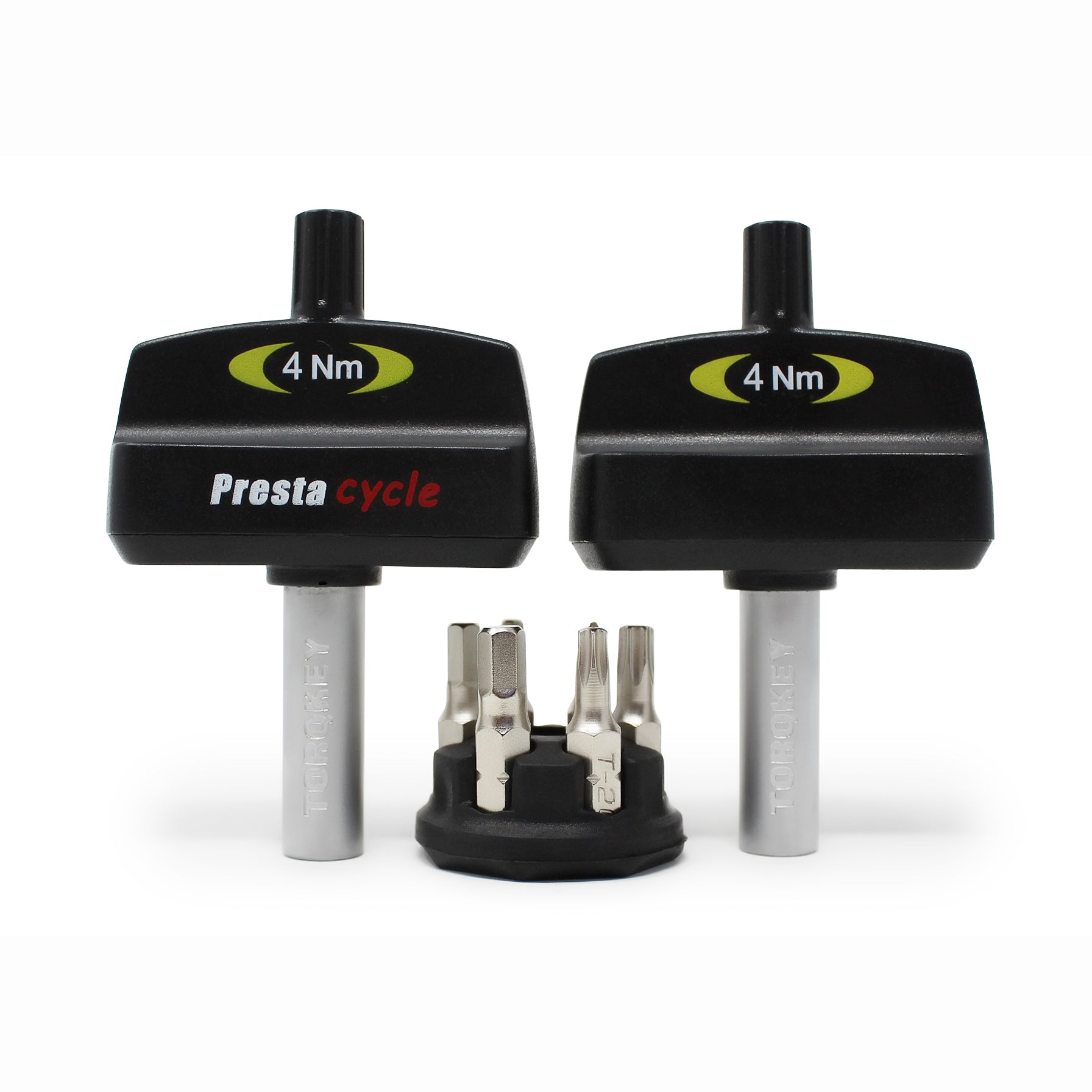 The Prestacycle Mini TorqKeys Preset Torque Tool 3Nm, 4Nm & 5Nm Bundle includes black calibration-free wrenches and a holder with six silver bits, all from Prestacycle, arranged on a white background.