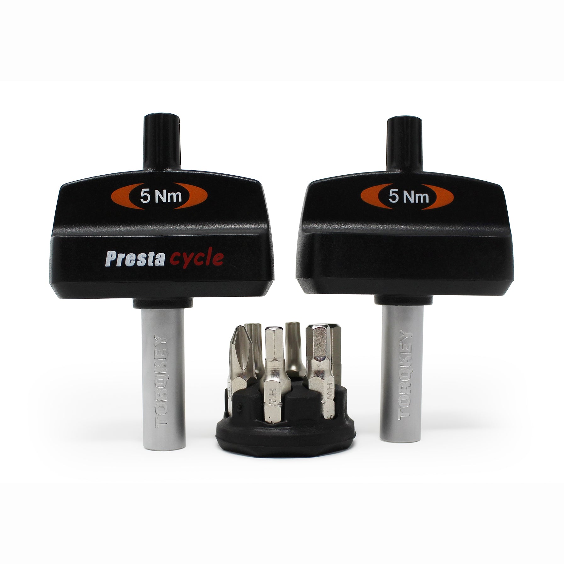 Three black Prestacycle Mini TorqKeys preset torque tools (3Nm, 4Nm, and 5Nm) stand upright with a round holder containing six interchangeable bits in front of them.
