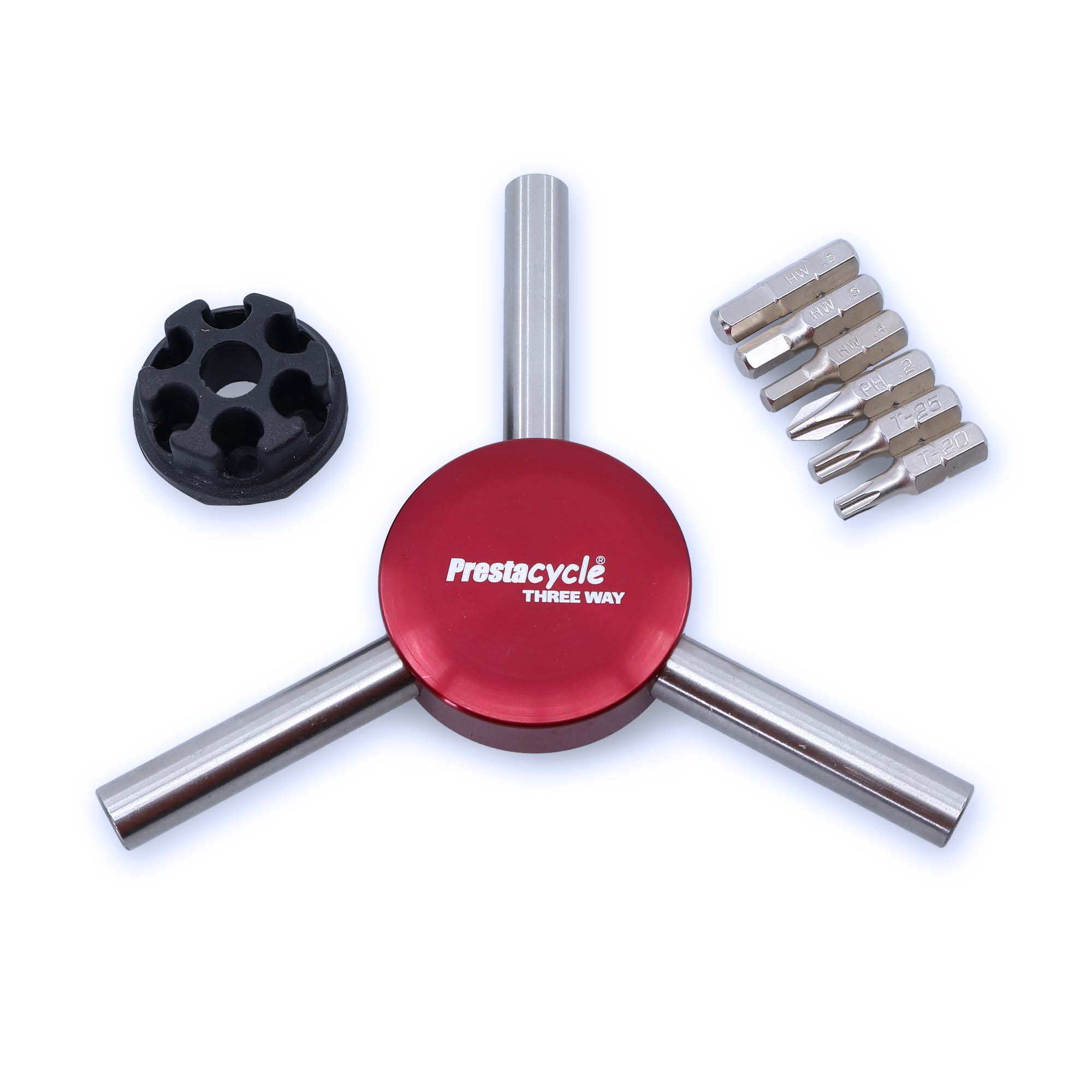 The Prestacycle Three Way Y Bits Tool by Prestacycle features a red center with three metal arms and comes with six replaceable bits plus a black bit holder, all displayed on a white background.