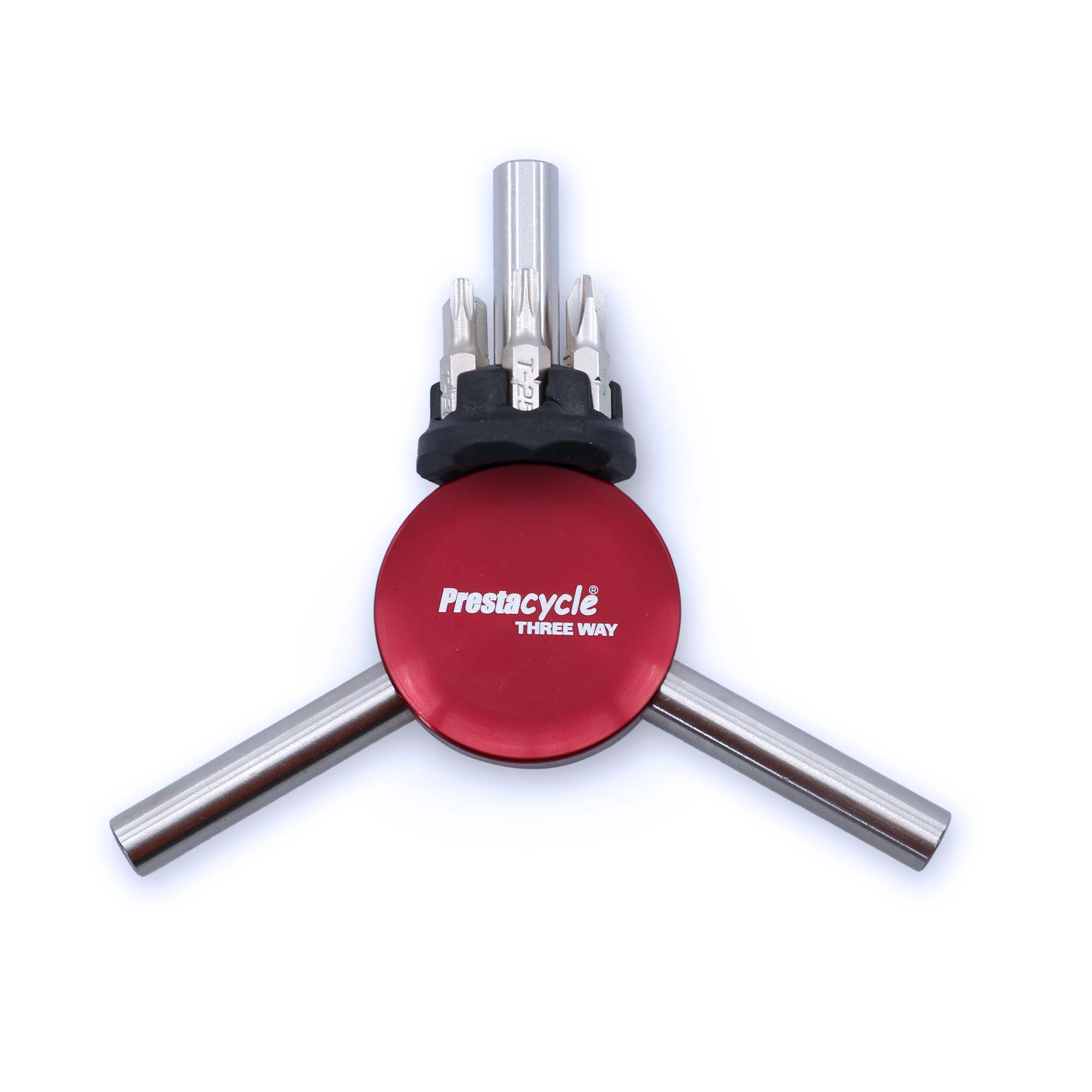 The Prestacycle Three Way Y Bits Tool features a round red center with three metal arms and heavy-duty, replaceable hex and screwdriver bits.