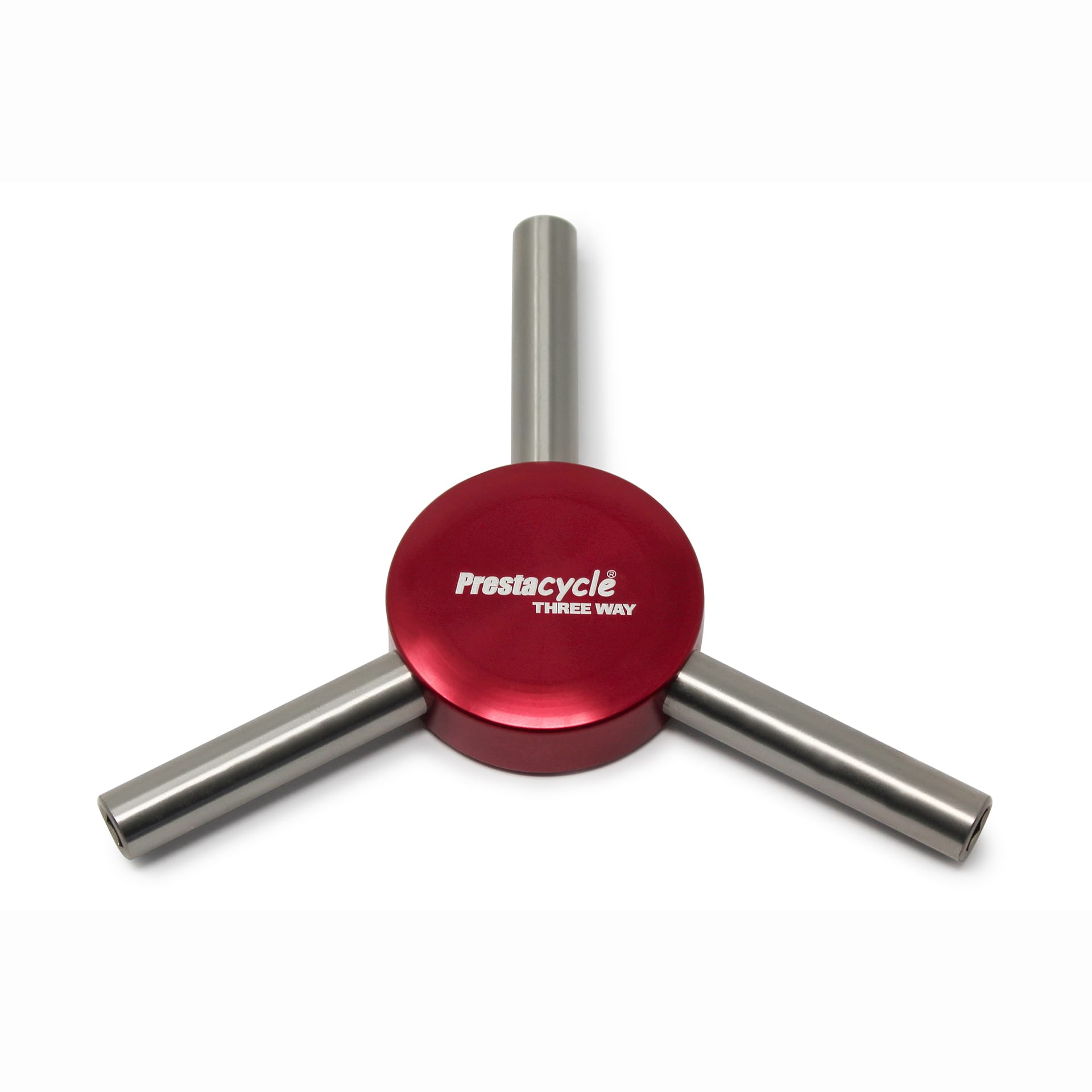 The Prestacycle Three Way Y Bits Tool by Prestacycle features three metal handles extending from a central red hub in a Y-shape, shown on a white background.