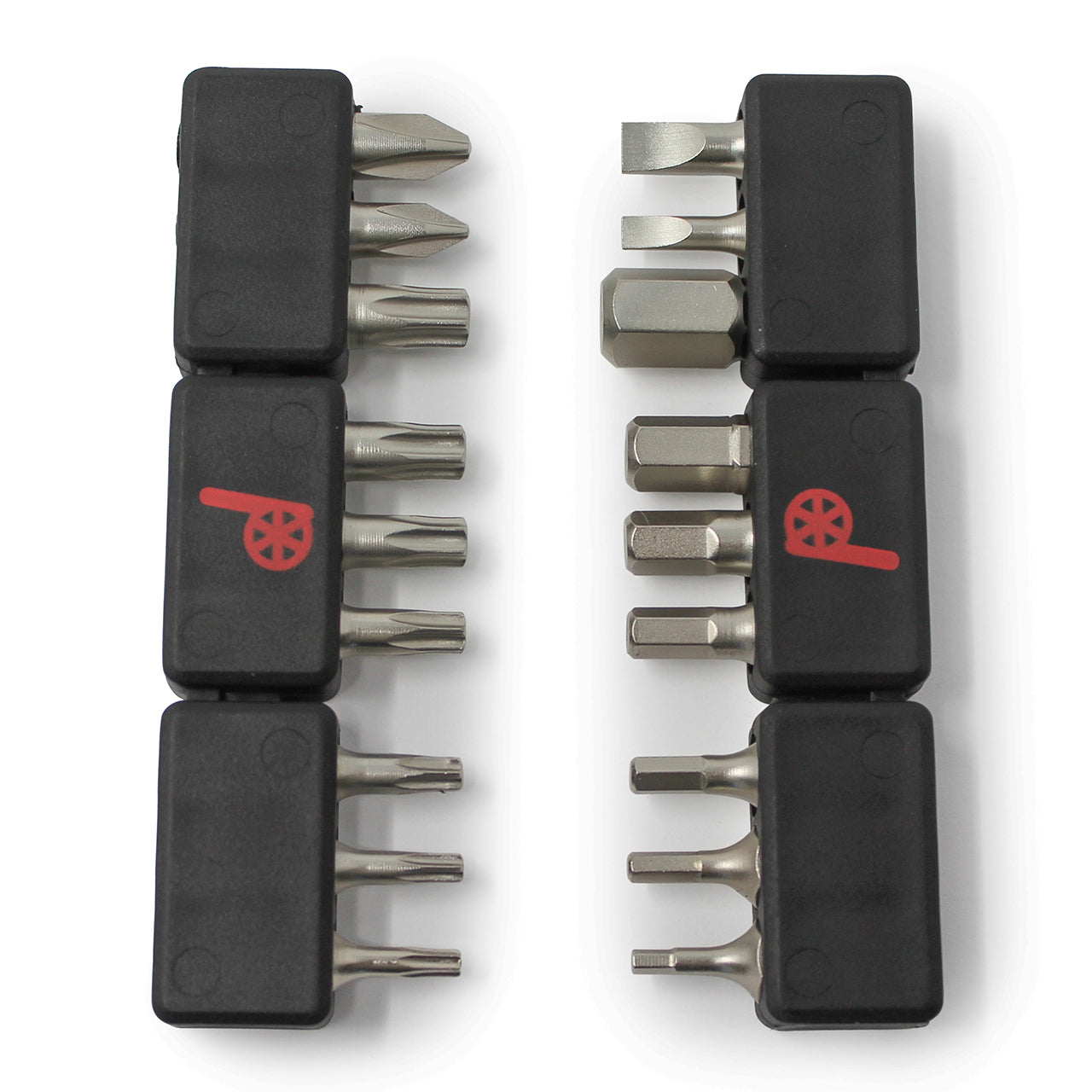 The Prestacycle Professional 18 piece 1/4 S2 Hex Bits Set includes two black plastic holders, each with four assorted tool bits; some holders have a red bicycle wheel and wrench logo to indicate theyre ideal for bike use.