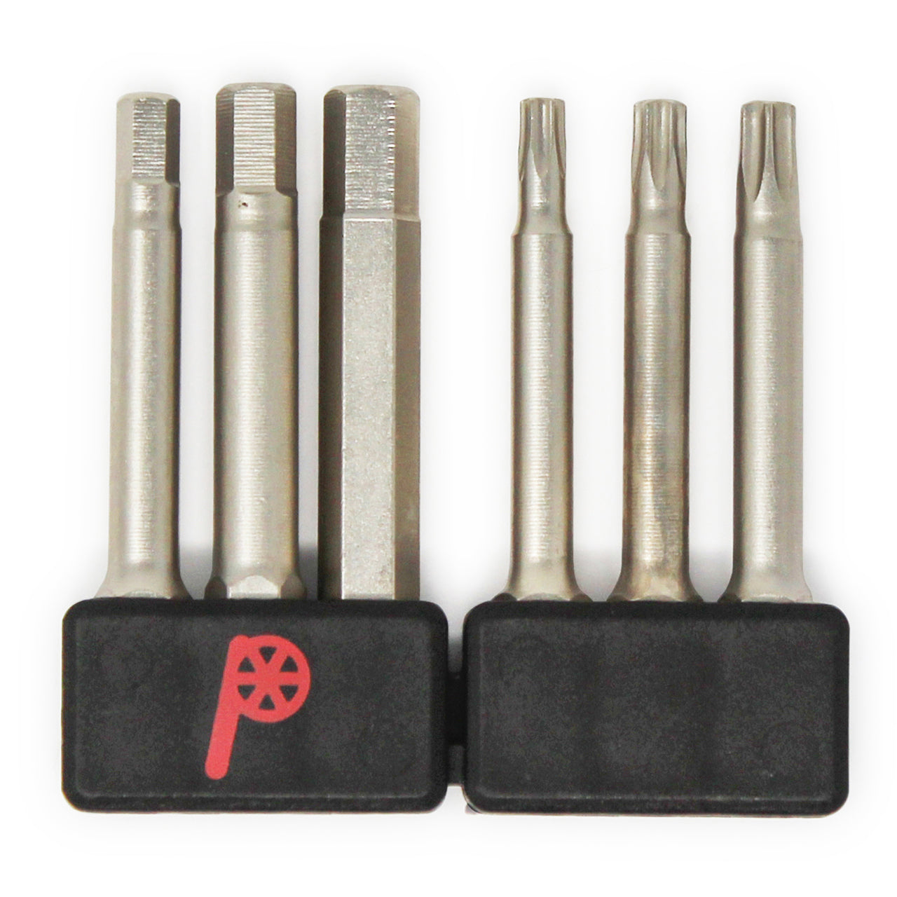 The Prestacycle Professional 6 piece 50mm 1/4 S2 Hex Bits Set includes metal bits in hex, square, and Torx shapes, standing in black holders with a red gear “P” logo. Crafted from hardened S2 steel—ideal bicycle tool bits.