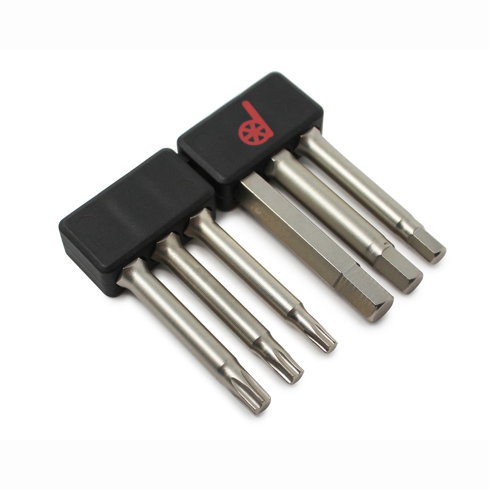 The Prestacycle Professional 6 piece 50mm 1/4 S2 Hex Bits Set includes two black plastic tool holders, each with three hardened S2 steel bits such as Torx and hex. One holder displays a red logo that looks like a stylized musical note.