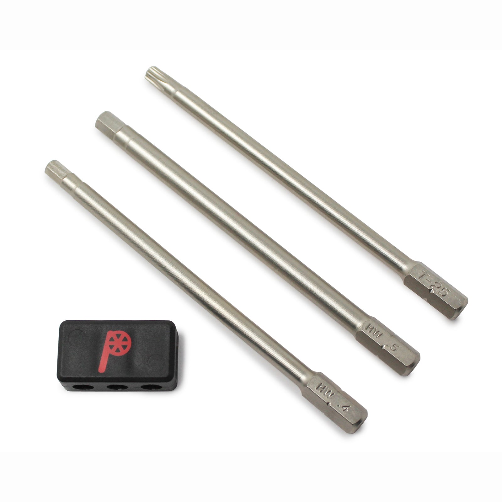 The Prestacycle Professional 3 piece 100mm 1/4 S2 Hex Bits Set features three long hex bits and a compact black holder with the red P logo—perfect for bicycle tool kits.