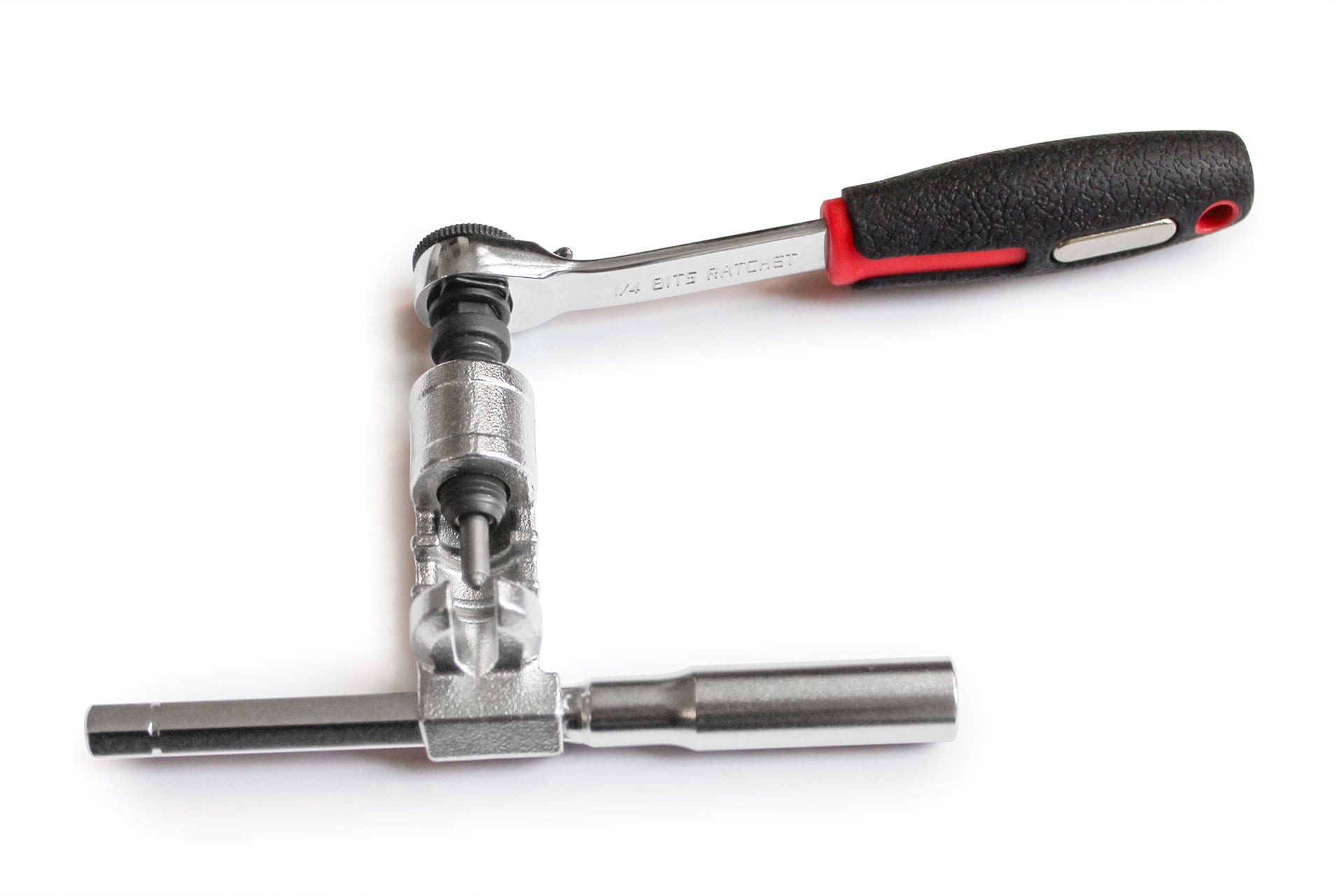 The Prestacycle PrestaRatchet Chain Accessory, shown with a black and red ratchet tool, right-angle adapter, and socket on a white background, is an ideal addition to any toolkit.