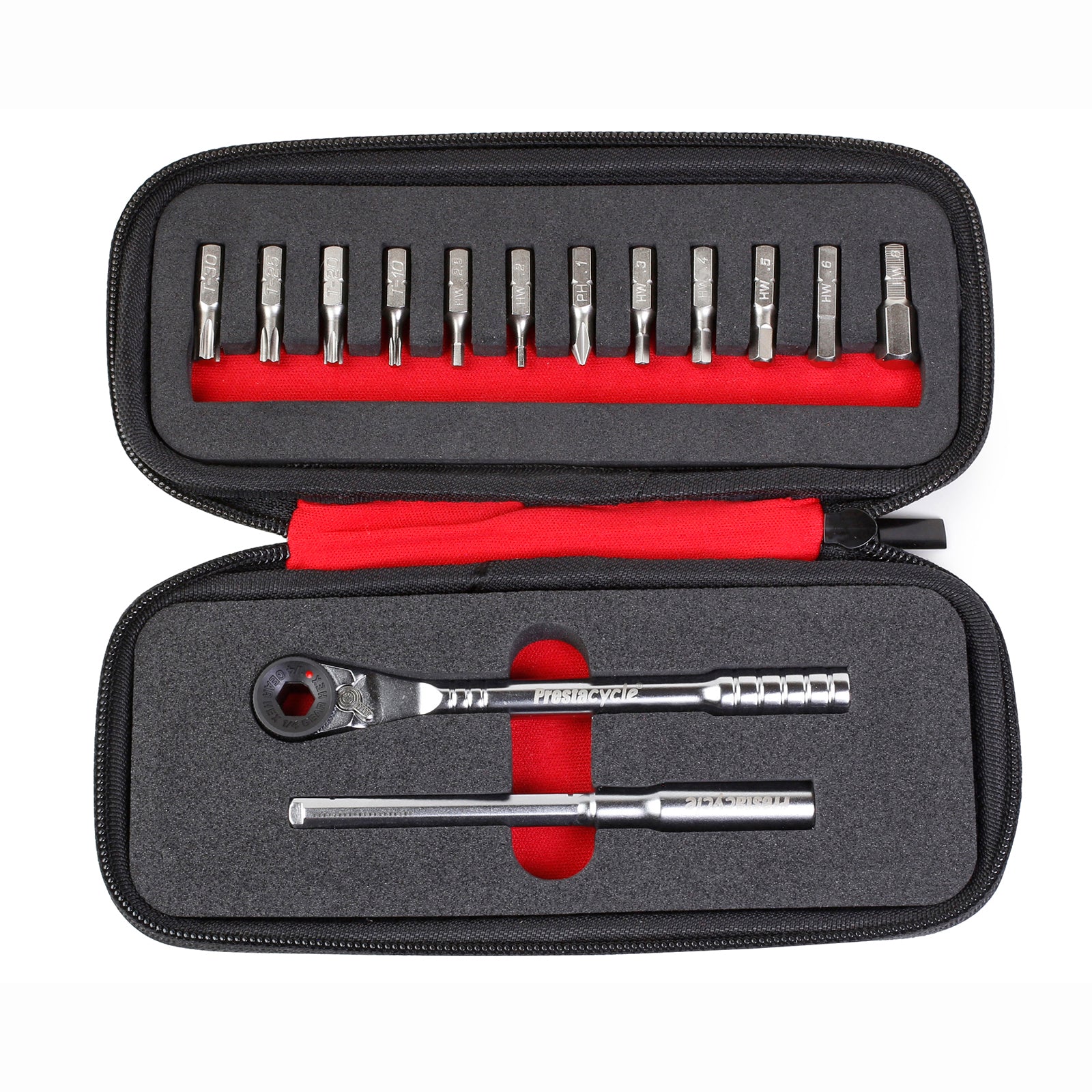 The Prestacycle T-Handle Ratchet Deluxe, by Prestacycle, is a compact kit in a black zippered case featuring a 3-way ratchet, T-handle, extension bar, and 12 screwdriver bits organized in foam compartments.