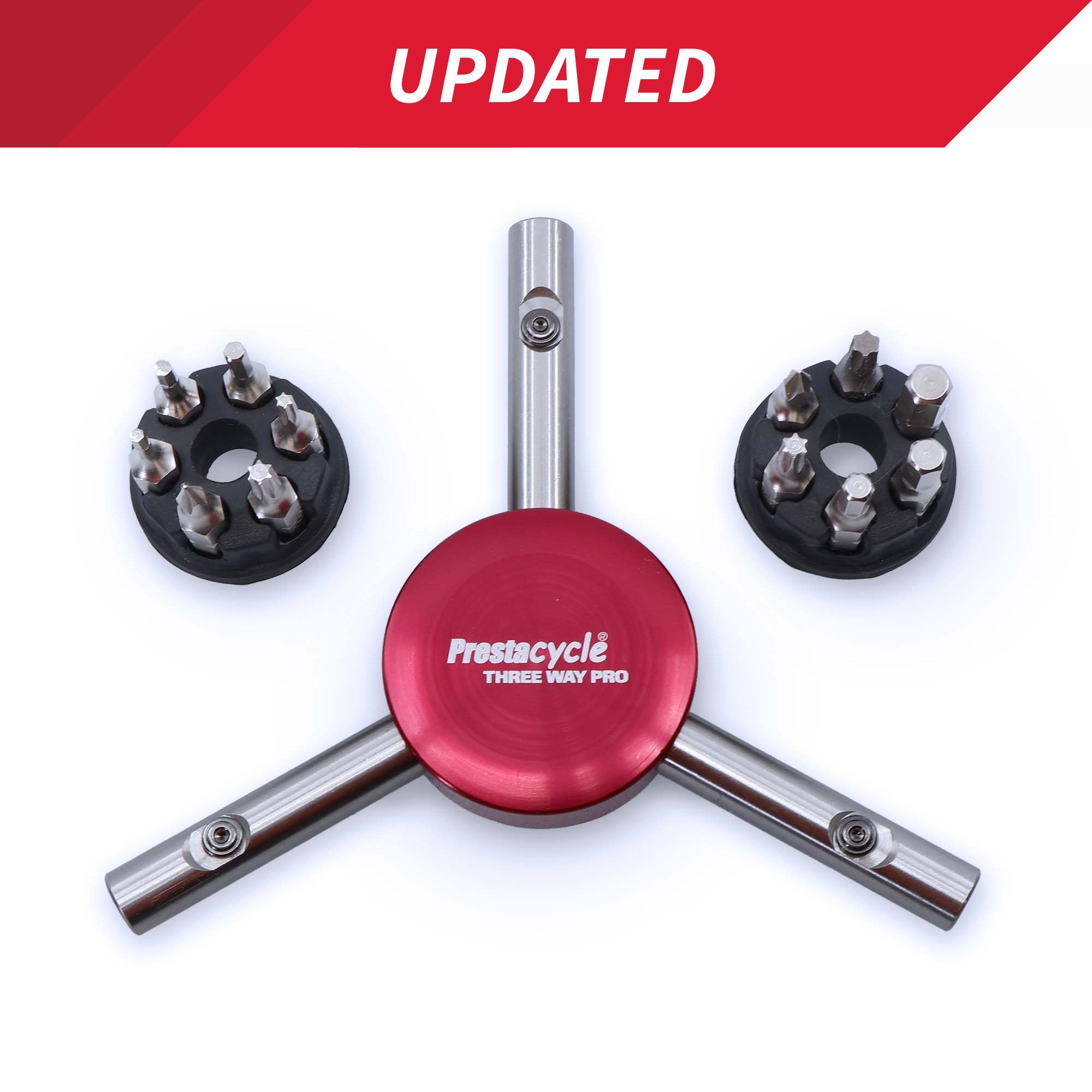 The Prestacycle Professional Three Way Y Bits Tool Kit by Prestacycle features a red center with three metal arms and two black interchangeable bit holders containing various 1/4″ Hex bits and MagGlide sliders, shown on a white background.