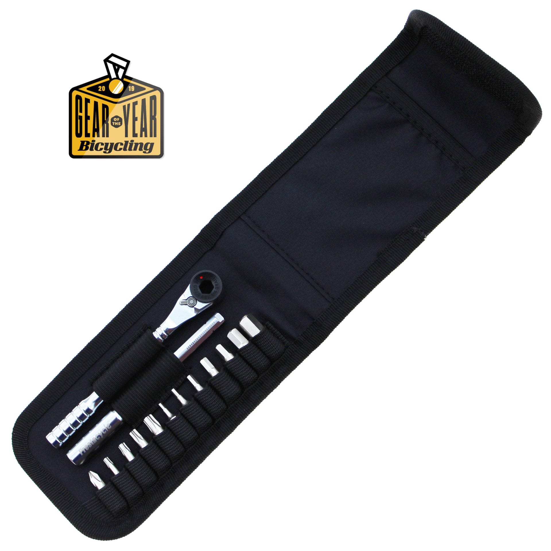 The Prestacycle T-Handle Ratchet Wallet is a compact tool kit in a black case with a 3-way ratchet and T-handle, shown next to the Gear of the Year Bicycling award badge.