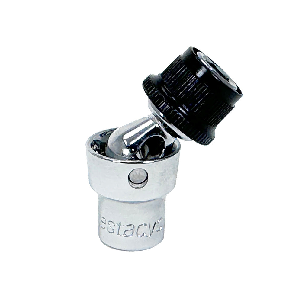 The Prestacycle Bits Swivel QR Torque Wrench Adapter by Prestacycle features a black knurled grip and fits 1/4″ socket-type tools, making it ideal for precise work. Shown isolated on a white background.