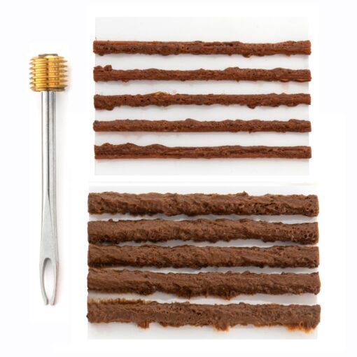 The Prestacycle CO2 Tire Plugger Kit by Prestacycle is shown with a brass-handled plugger next to eight brown tire repair plugs arranged in two rows on a white background.