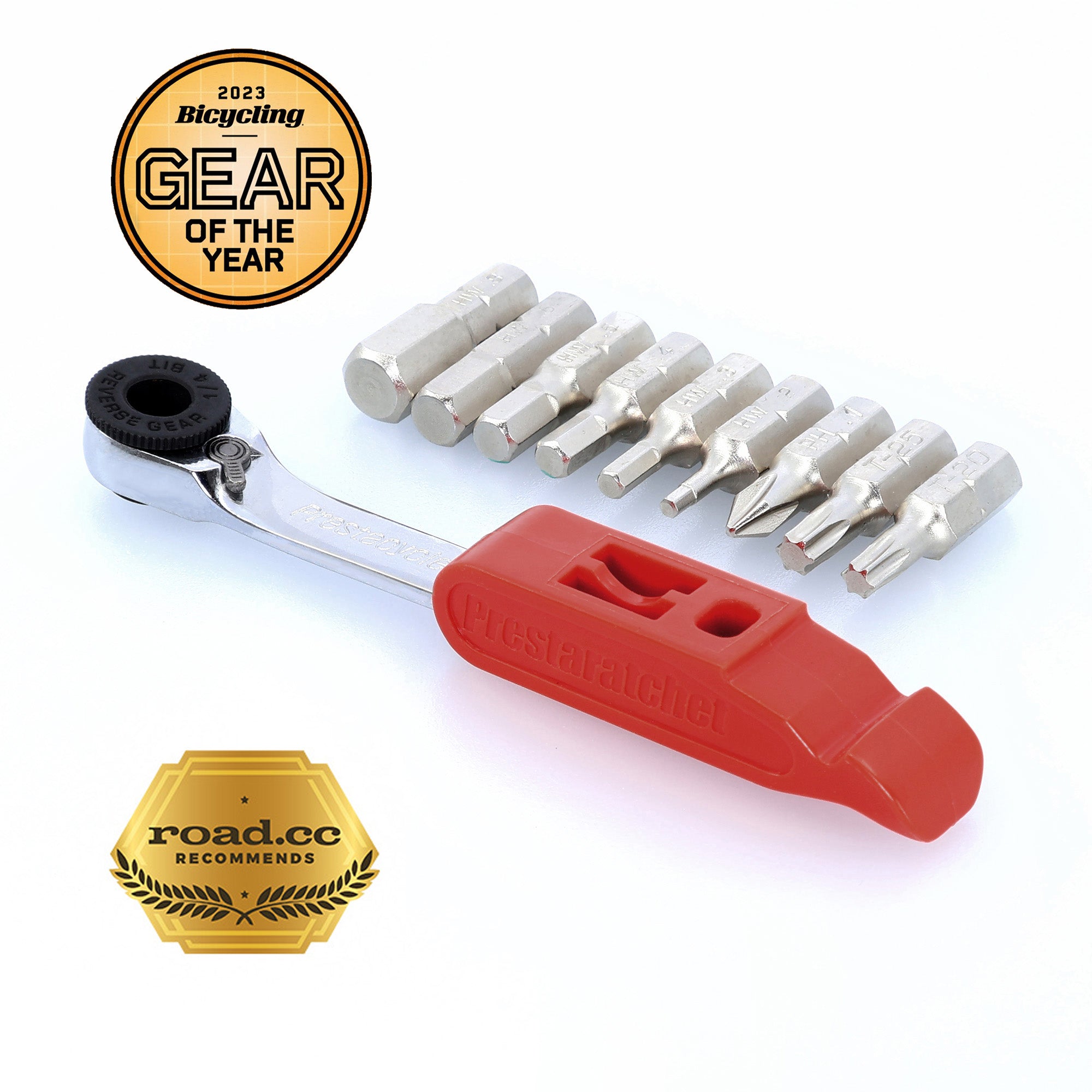 The Prestacycle Prestaratchet GO is a compact 5-in-1 multi-tool kit with a red handle, reversible ratchet, eight metal bits, and has won Bicycling 2023 Gear of the Year and road.cc Recommends awards.