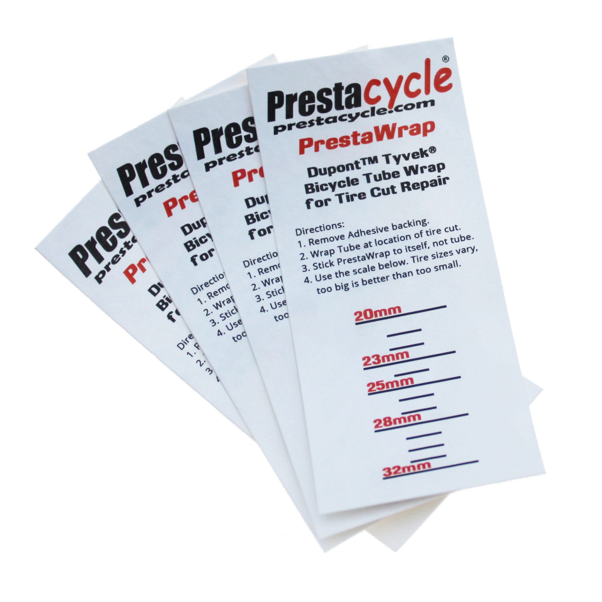 Four Prestacycle PrestaWrap Tire Boot labels are fanned out, showing instructions in red and black text for using Dupont Tyvek as a bicycle tire boot, with measurement marks from 20mm to 32mm at the bottom.
