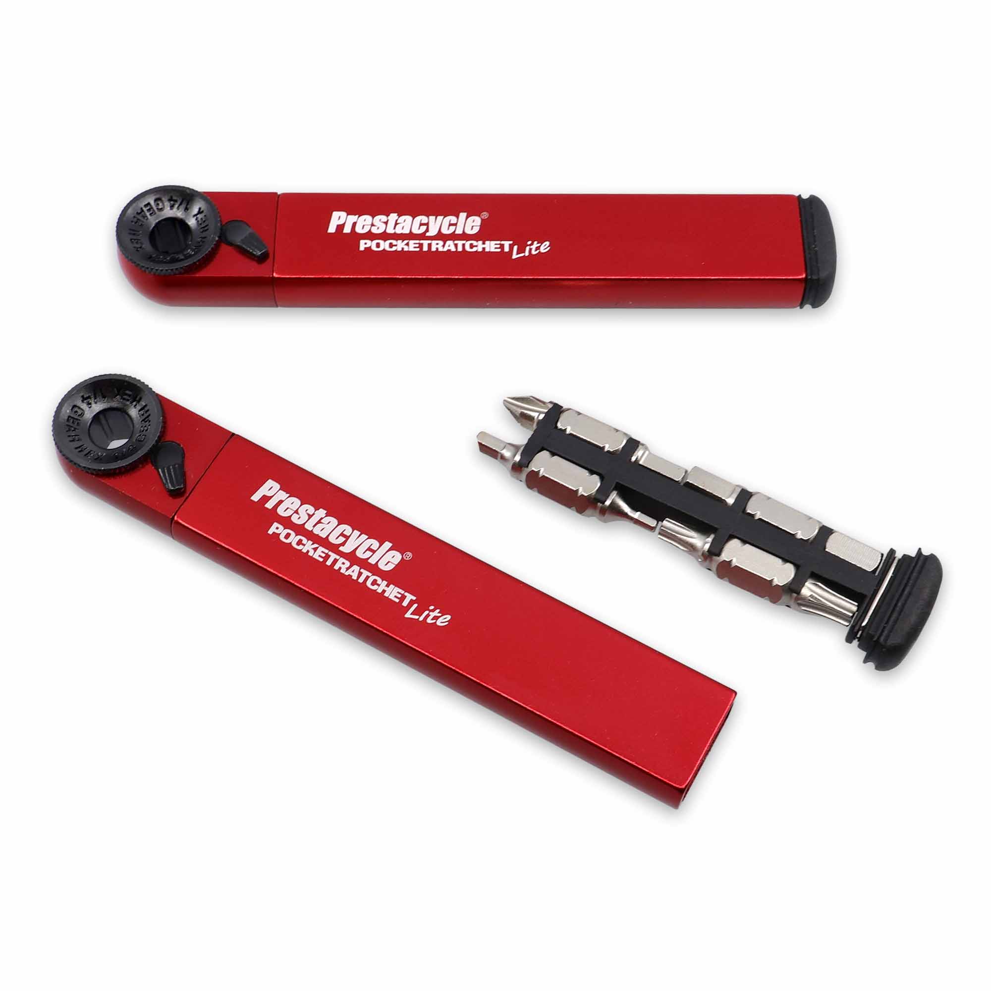 A red Prestacycle PocketRatchet Lite – Pocket Multi-tool w/Bits stored in handle is shown closed, open, and with metal bits partly removed, highlighting its compact reversible thumb-wheel ratchet for bike maintenance.