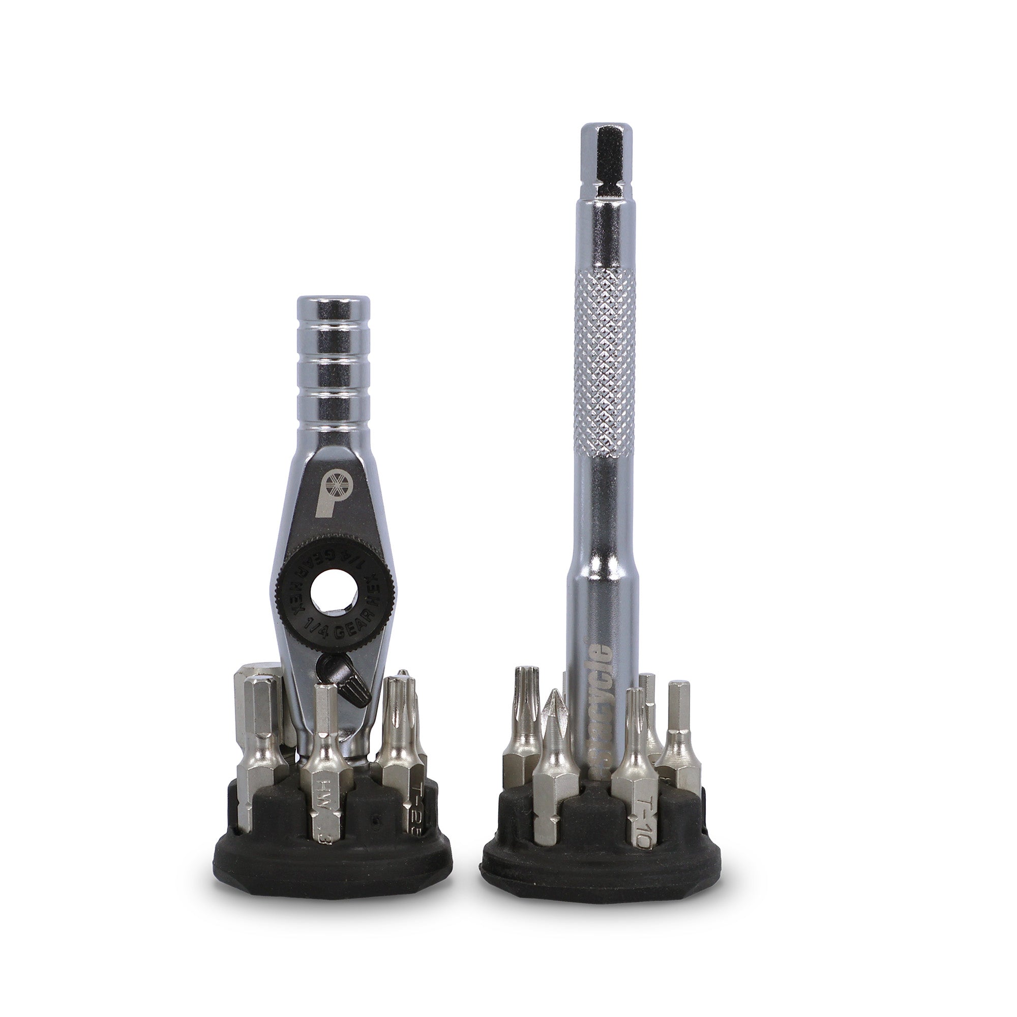 The Prestacycle T-Ratchet Pro Set by Prestacycle is a compact reversible ratchet set with interchangeable 1/4 inch bits on a black base, featuring a durable metal ratchet handle and a knurled screwdriver handle, with neatly organized assorted bits.