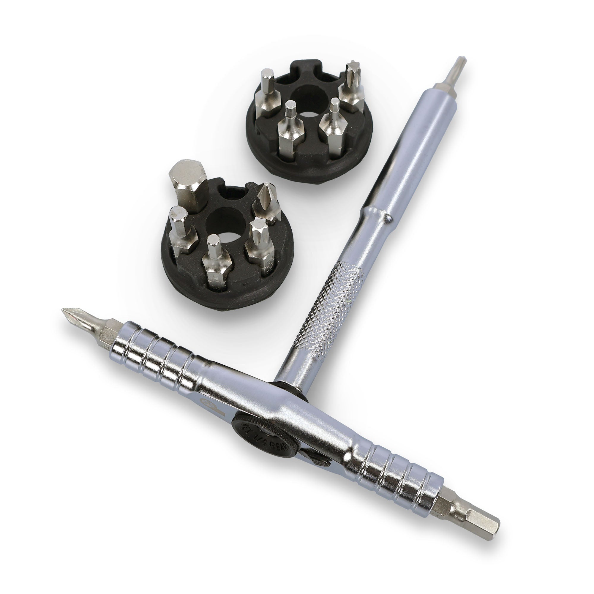 The Prestacycle T-Ratchet Pro Set by Prestacycle is a metal T-handle ratchet screwdriver with two round interchangeable bit holders, each containing various 1/4 inch bits, shown on a white background.