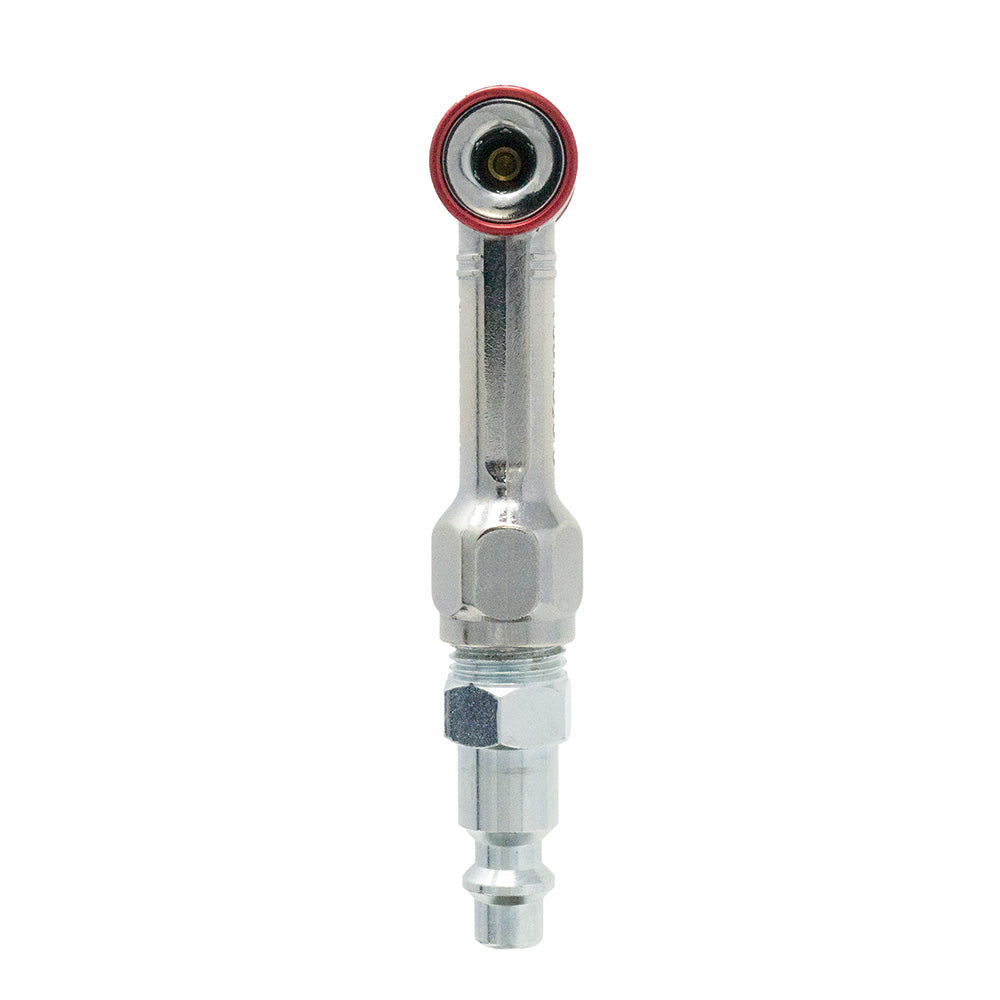 The Prestacycle Prestaflator Mini Pro is a metallic bicycle inflation tool with a hexagonal body and red-edged nozzle, designed for Presta and Schrader valves. Shown upright on a white background.