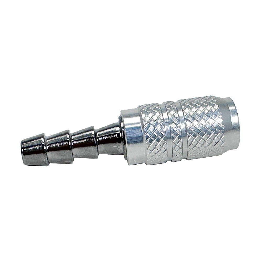 The Prestacycle Pro 1/4 Schrader Hose Barb is a silver metal quick connect fitting with a textured grip and barbed end for secure hose attachment—compatible with floor pumps and Prestaflator heads.