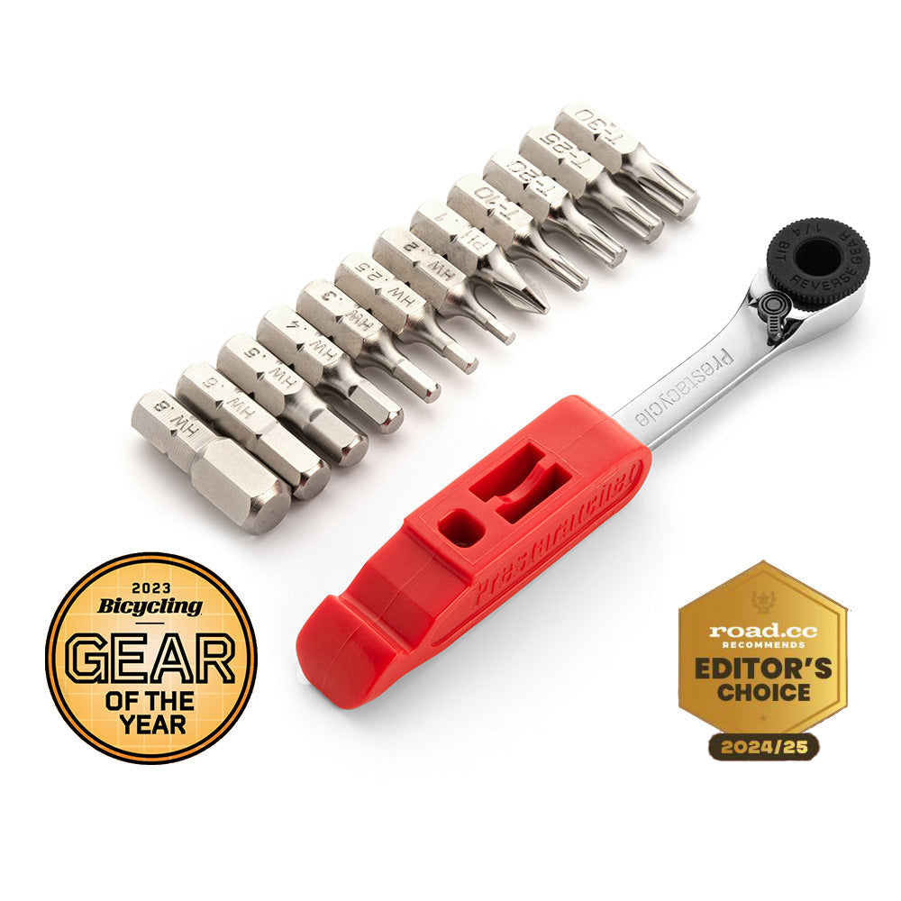 The Prestacycle Prestaratchet GO is a compact 6-in-1 multi-tool wallet kit with 12 bits, red holder, presta valve core tool, and has won the 2023 Bicycling Gear of the Year & road.cc Editors Choice 2024/25 awards.