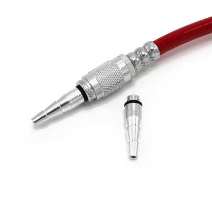 A close-up of the Prestacycle Safety Blower / Low Pressure Inflator Tip, a durable 6061-T6 alloy fitting by Prestacycle, attached to a hose with its matching connector beside it on a white background.