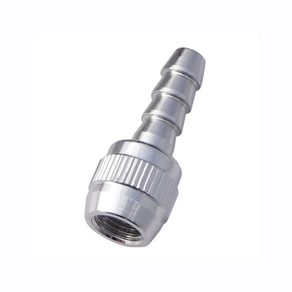 A close-up of the Prestacycle Schrader Hose Barb, a metal connector with a threaded end and ribbed design, ideal for attaching flexible tubing to a floor pump or use with Prestacycle Prestaflator heads.