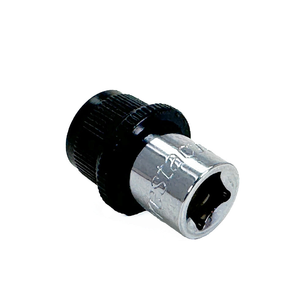 A close-up of the Prestacycle 1/4” Square to Hex Bits Quick Release Adapter by Prestacycle, featuring a chrome finish and black knurled grip for connecting hand tools. Shown against a plain white background.