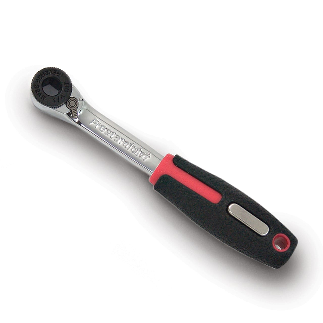 A close-up of the Prestacycle Prestaratchet Pro Mini Ratchet Bicycle Tool, showing its black and red handle, metal shaft, and round ratcheting head—ideal for precise bike repairs. Tool only.