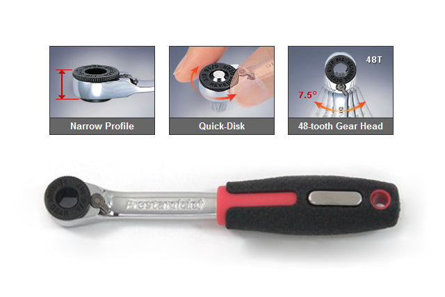 The Prestacycle Prestaratchet Pro Mini Ratchet Bicycle Tool—shown with a black and red handle—features a narrow profile, quick-disk adjustment, and a 48-tooth gear head with 7.5° arc swing, making it a versatile choice for cyclists.