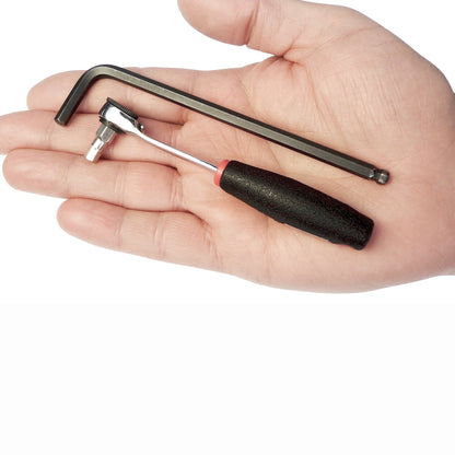 A hand holds a black Allen wrench and the Prestacycle Prestaratchet Pro Mini Ratchet Bicycle Tool (tool only) against a white background.