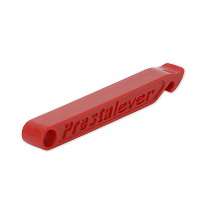 A red plastic Prestacycle Prestalever Third-Hand Tire Holder with Prestalever embossed on its side, shown on a white background.