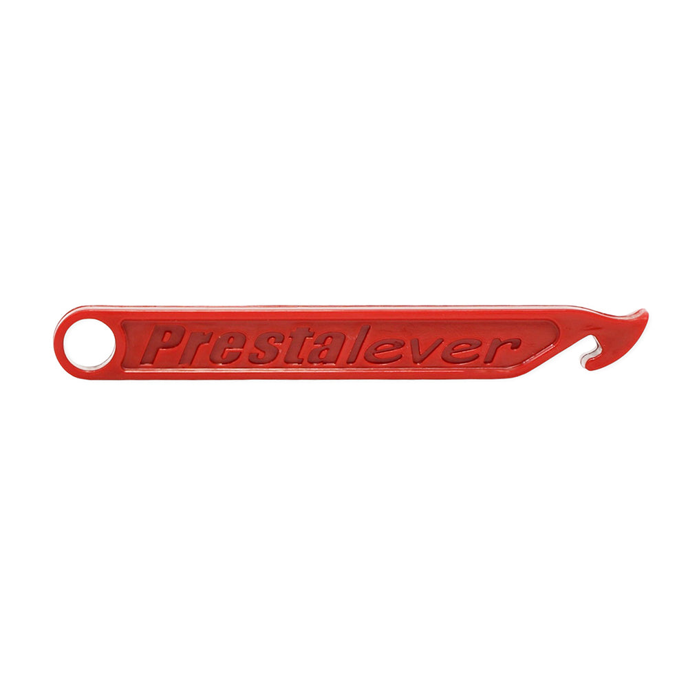 The Prestacycle Prestalever Third-Hand Tire Holder is a red plastic tool with a hooked end for prying and a hole at the other end.