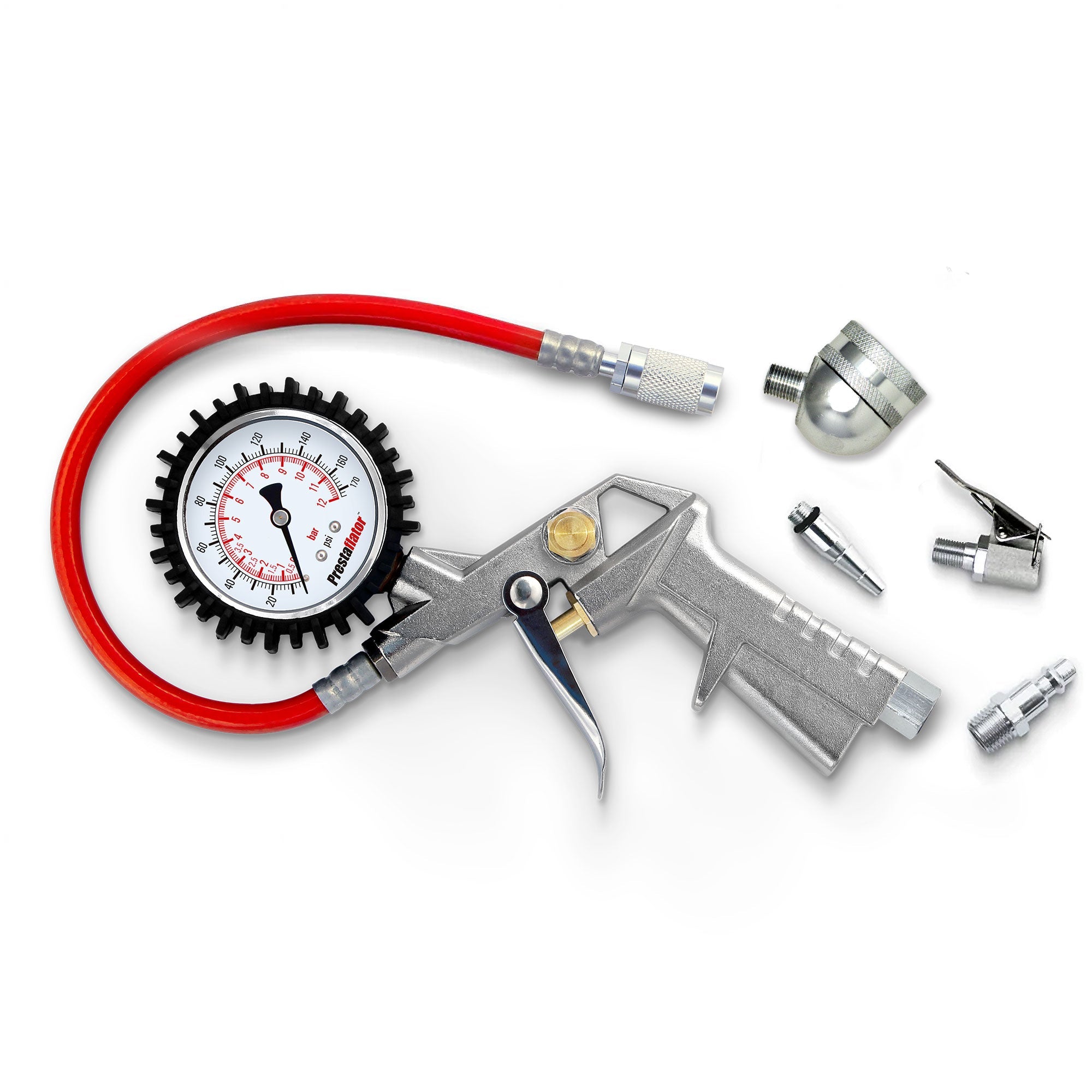 A Prestacycle Prestaflator Bicycle Tire Inflator—an air compressor tool for Presta &amp; Schrader valves with a red hose, pressure gauge, and metal trigger handle—shown with four metal air tool accessories and a Presta valve tool on white background.