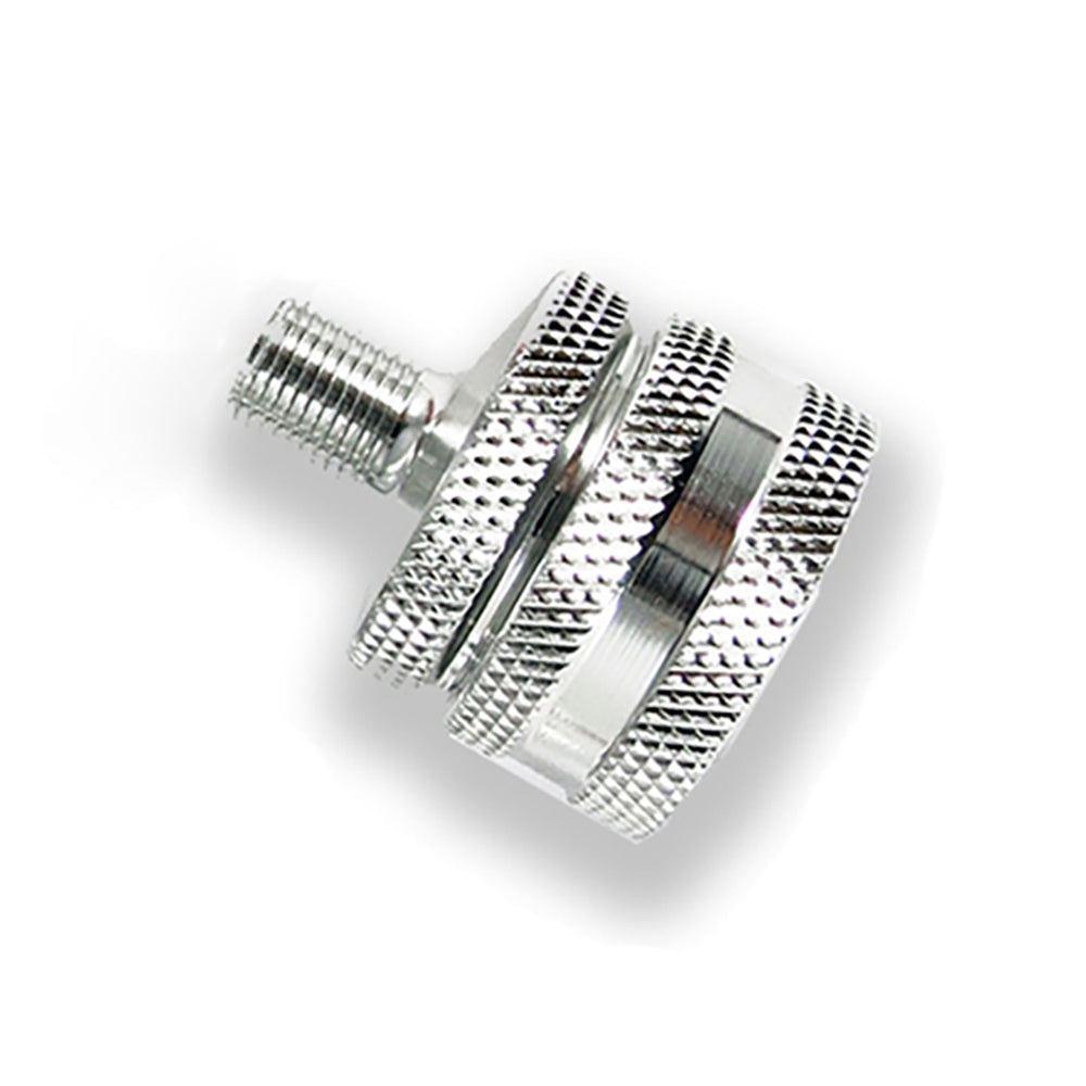 A close-up of the Prestacycle Big Presta Head, a shiny metallic fitting with a textured grip and threaded section by Prestacycle, designed for use with a Urethane Elastomer Presta Gasket, isolated on a white background.