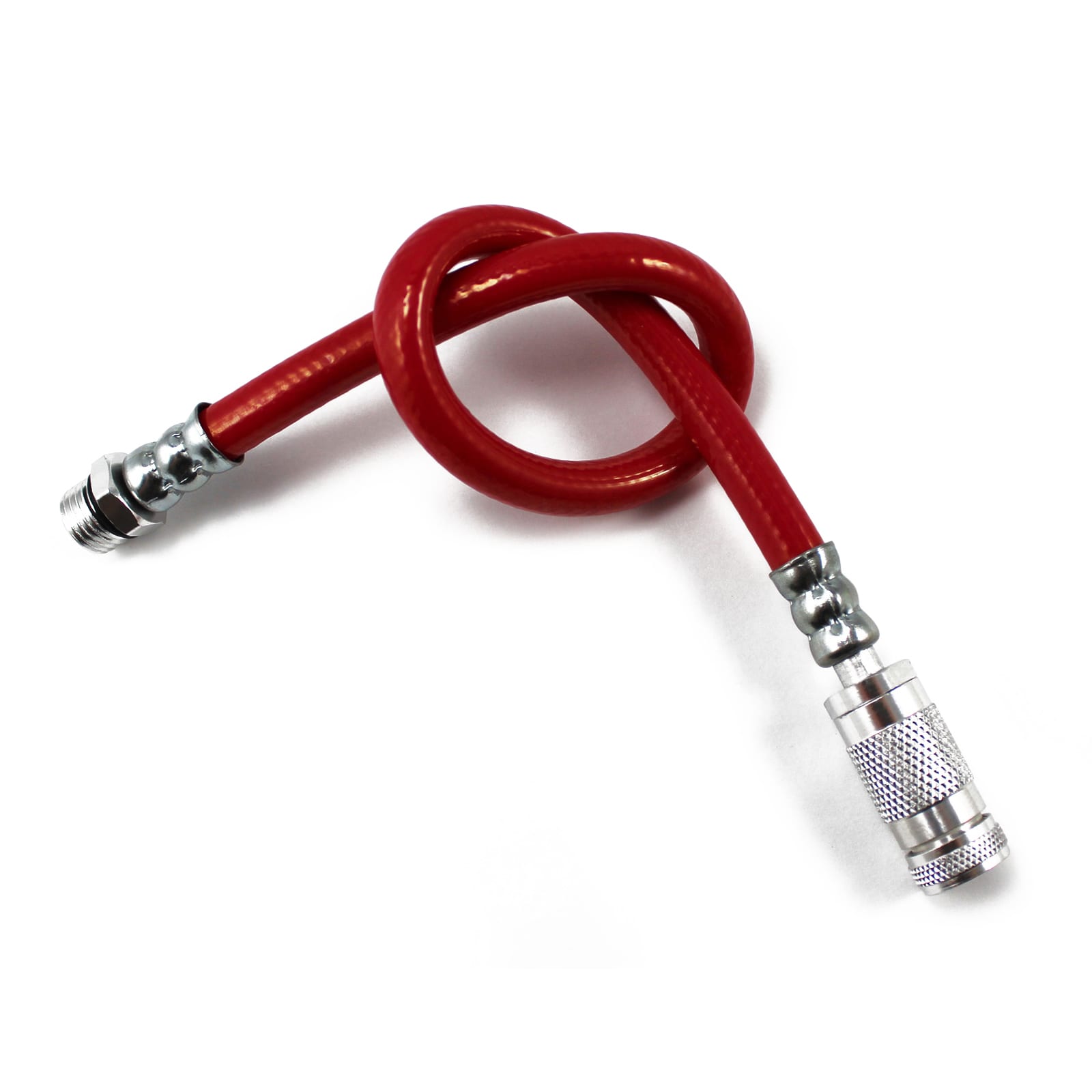 The Prestacycle Prestaflator Pro 3-way Presta Head Hose is a red reinforced polyurethane hose with metal connectors, coiled in a single loop—ideal for Prestaflator tools and supporting up to 300 psi, shown on a white background.