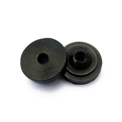 Two round, black Prestacycle Prestaflator Big Presta Head Gaskets are shown on a white surface, one slightly overlapping the other—ideal replacements for Silca or Prestaflator BIG pump heads.