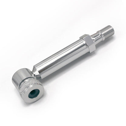 A close-up of the Prestacycle Disc Wheel Mini Presta Head—featuring a knurled end, hex nut, and threaded tip—shown with a Presta valve adapter. This Prestacycle product is ideal for tires and is photographed on a white background.