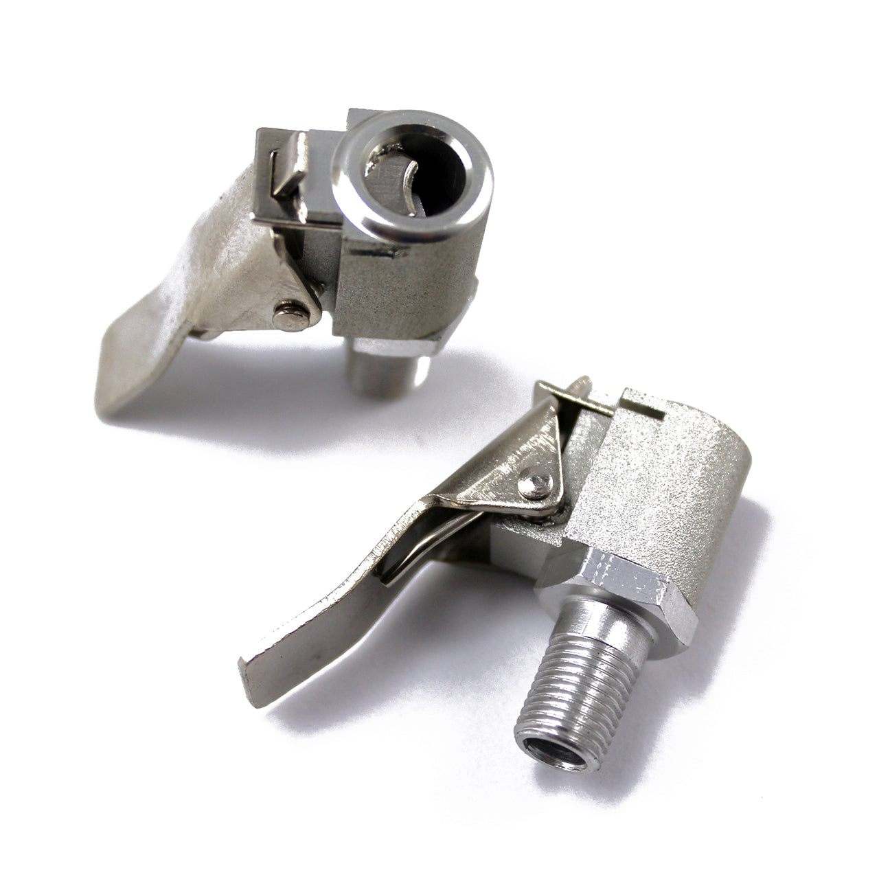 The Prestacycle Automotive Quick-Clip™ Schrader Head includes two 6061-T6 alloy air chucks—upright and flat—for easy tire inflation. Durable, lever-operated clips by Prestacycle fit Schrader valves, ideal as vehicle tire adapters.