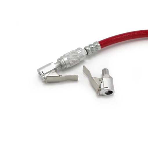 A red air hose with a metal quick connect fitting and a separate silver lever-style air chuck, both compatible with the Prestacycle Prestaflator Digital Bicycle Tire Inflator—Presta &amp; Schrader Air Compressor Tool, shown on a white background.