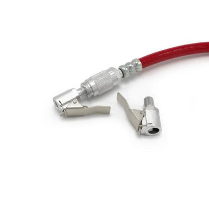A red air hose with a metal quick connect fitting and a separate silver lever-style air chuck, both compatible with the Prestacycle Prestaflator Digital Bicycle Tire Inflator—Presta &amp; Schrader Air Compressor Tool, shown on a white background.