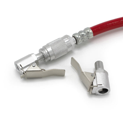 The Prestacycle Automotive Quick-Clip™ Schrader Head is a red air hose with a silver connector, plus a separate 6061-T6 alloy lever air chuck, both by Prestacycle, for inflating tires using a vehicle tire adapter.