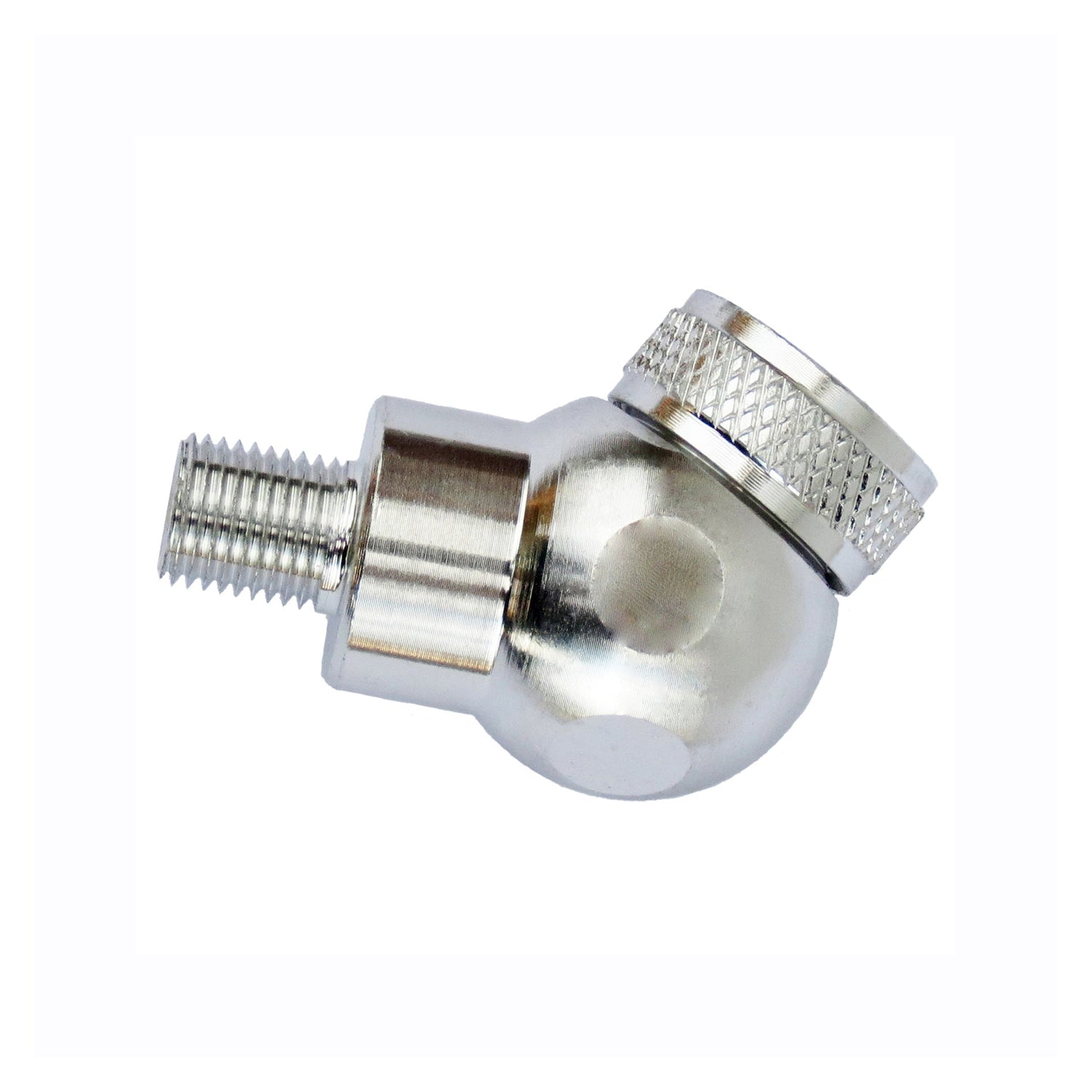 A close-up of the Prestacycle Angle Mini Presta Head by Prestacycle—featuring a metallic angled connector with a threaded end and knurled grip, designed for tubeless tire setups, isolated on a white background.