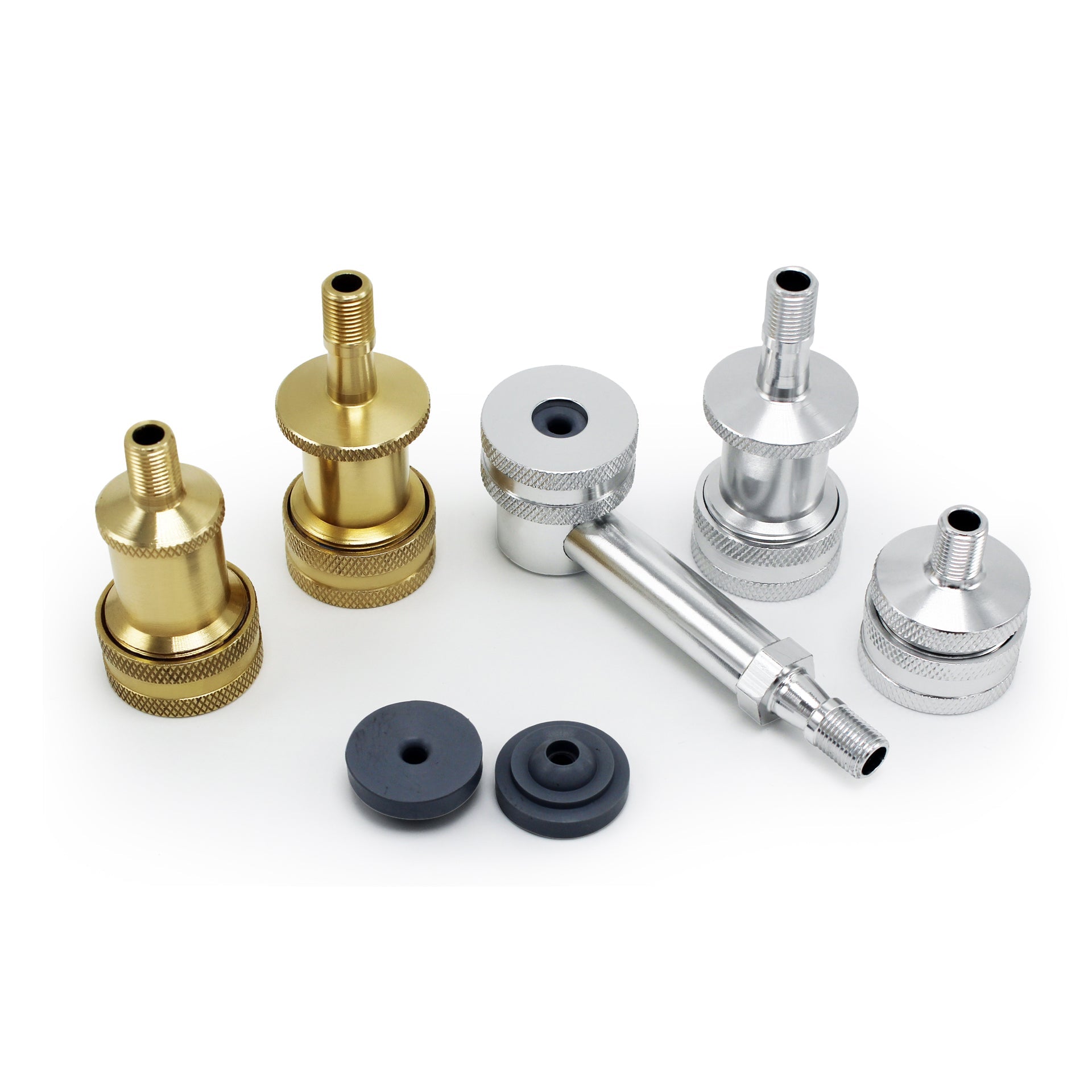 Five metallic adapters—three gold and two silver—are paired with two Prestacycle Prestaflator Big Presta Head Gaskets and a silver connector tube, ideal for use with Prestaflator BIG or Silca pump heads.