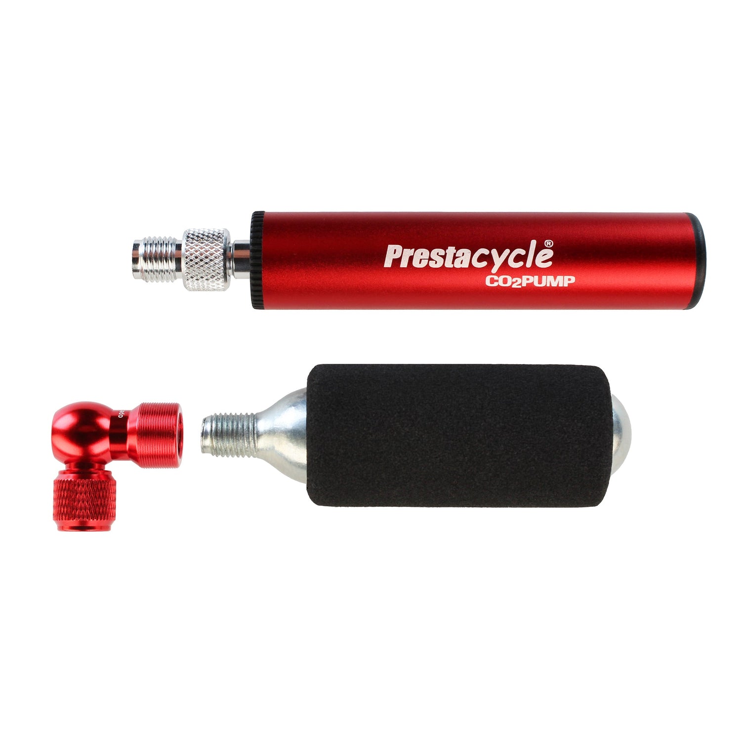 Two Prestacycle Prestaflator Micro CO2/Air Compressor/Pump Bundles: a red pump with CO2 inflation head, and a silver CO2 cartridge with black foam sleeve and red nozzle, both shown horizontally on a white background.